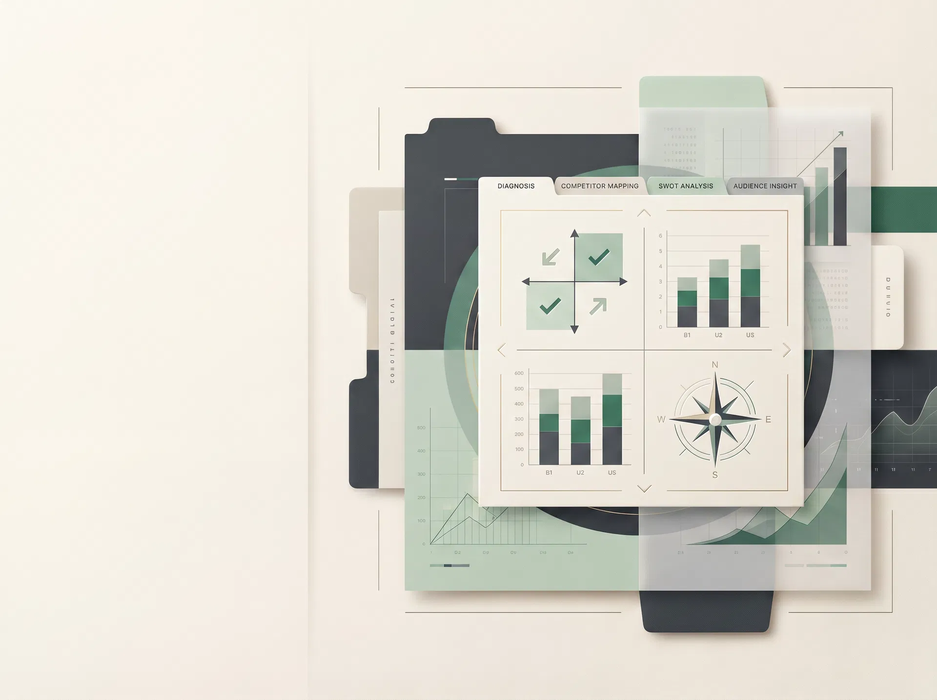 Ilustração editorial-tech representando diagnóstico, benchmark e análise competitiva