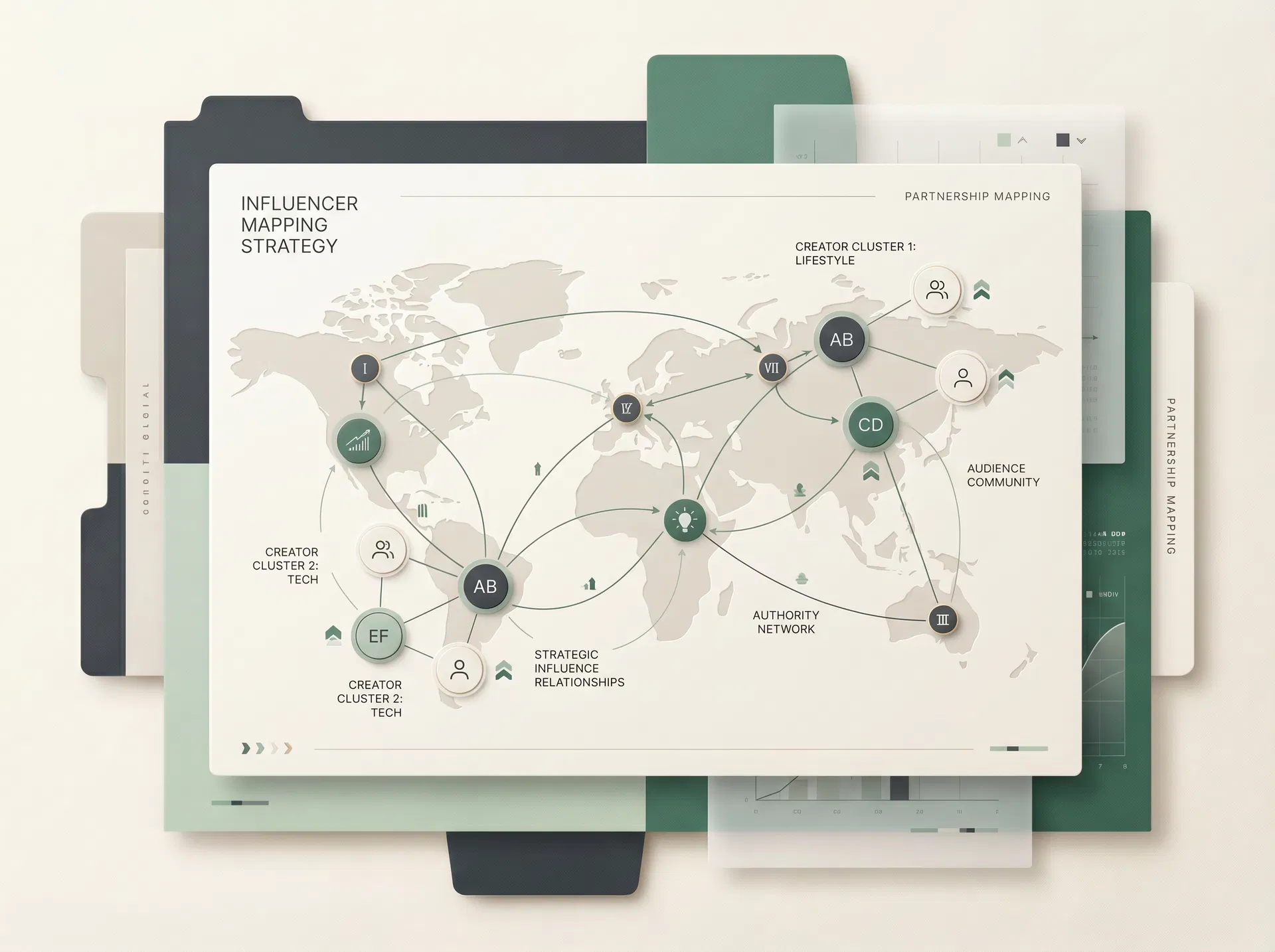 Ilustração editorial-tech do mapa de creators e clusters de influência