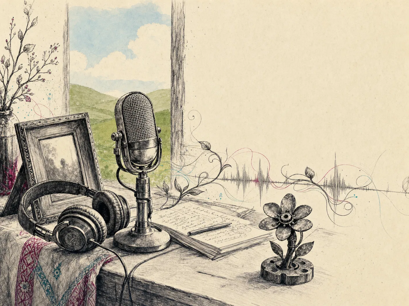 Vintage microphone, notes, and hand-drawn legacy recording materials