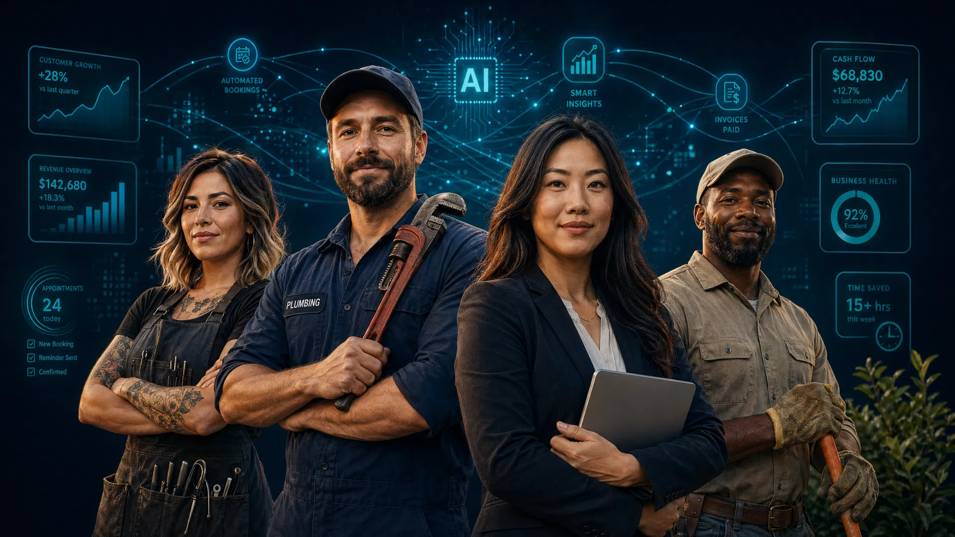 Diverse service business owners — plumber, salon owner, accountant, landscaper — empowered by HumanityNow.ai AI solutions