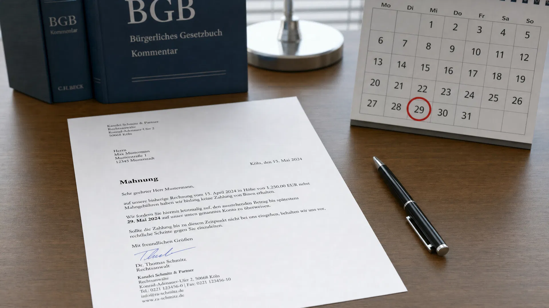 Fristsetzungsschreiben auf Schreibtisch mit Kalender und BGB-Kommentar