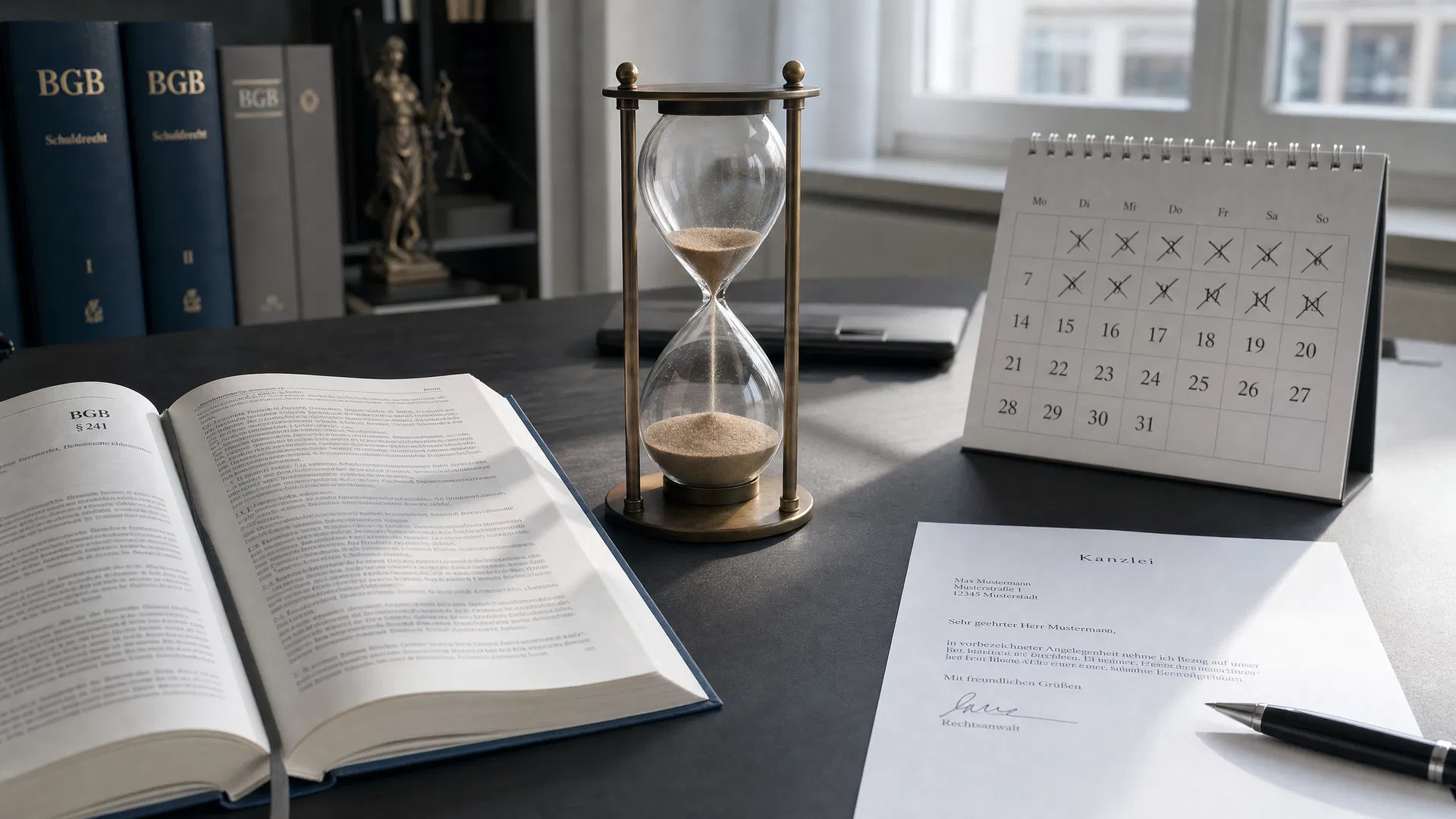 Sanduhr auf Anwaltsschreibtisch mit BGB-Kommentar und Kalender – Symbol für Verjährungsfristen