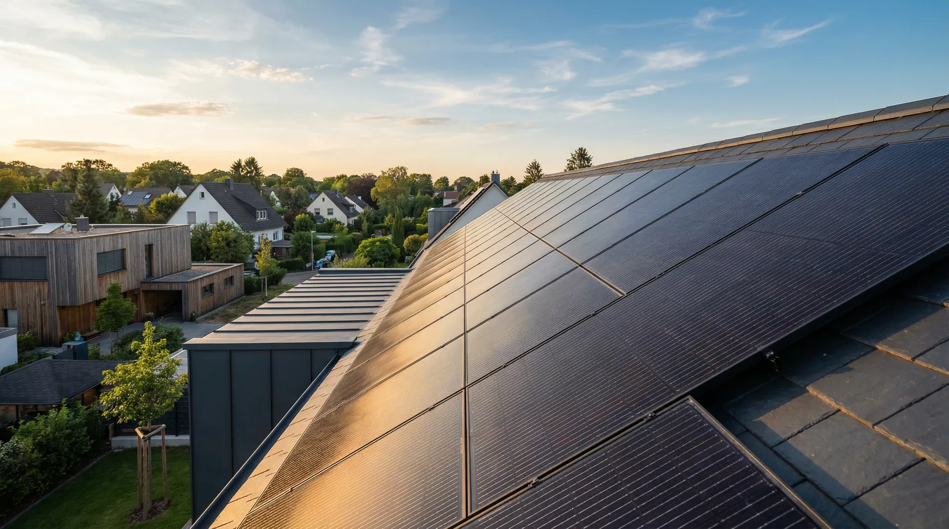 Photovoltaikanlage auf deutschem Einfamilienhaus – Solarmodule bei Sonnenuntergang