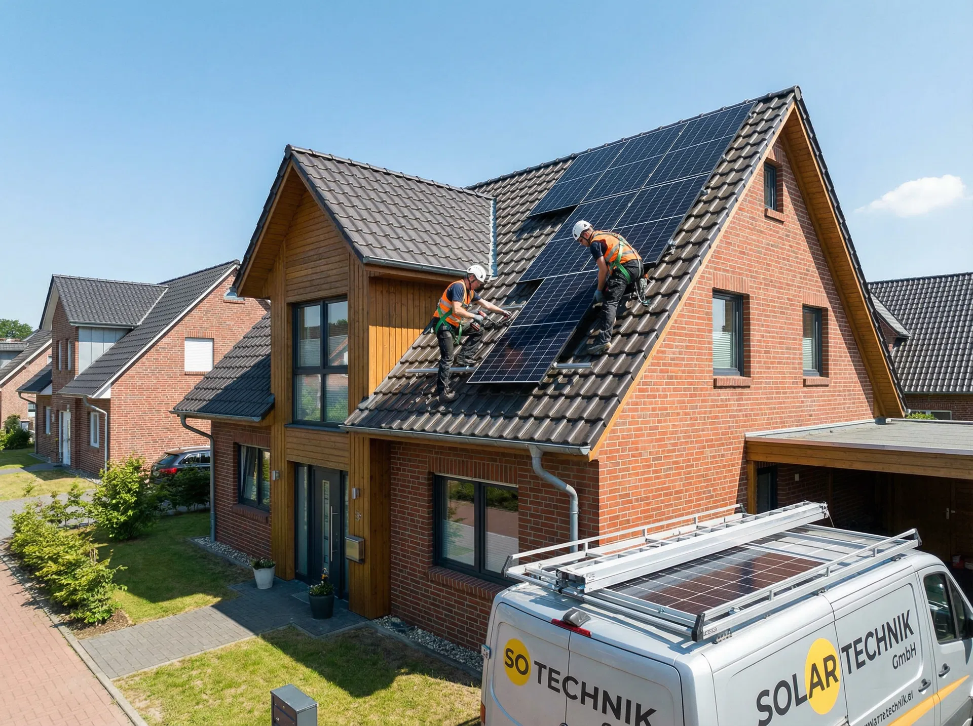 Montage von Photovoltaikanlage auf deutschem Einfamilienhaus durch Fachbetrieb