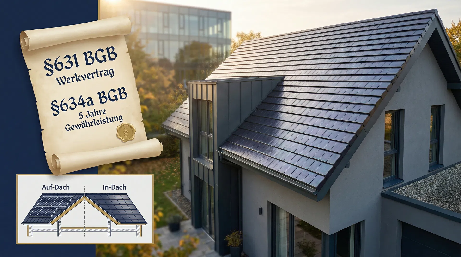 In-Dach-Anlage mit Solardachziegeln und juristischem Dokument § 631 BGB Werkvertrag