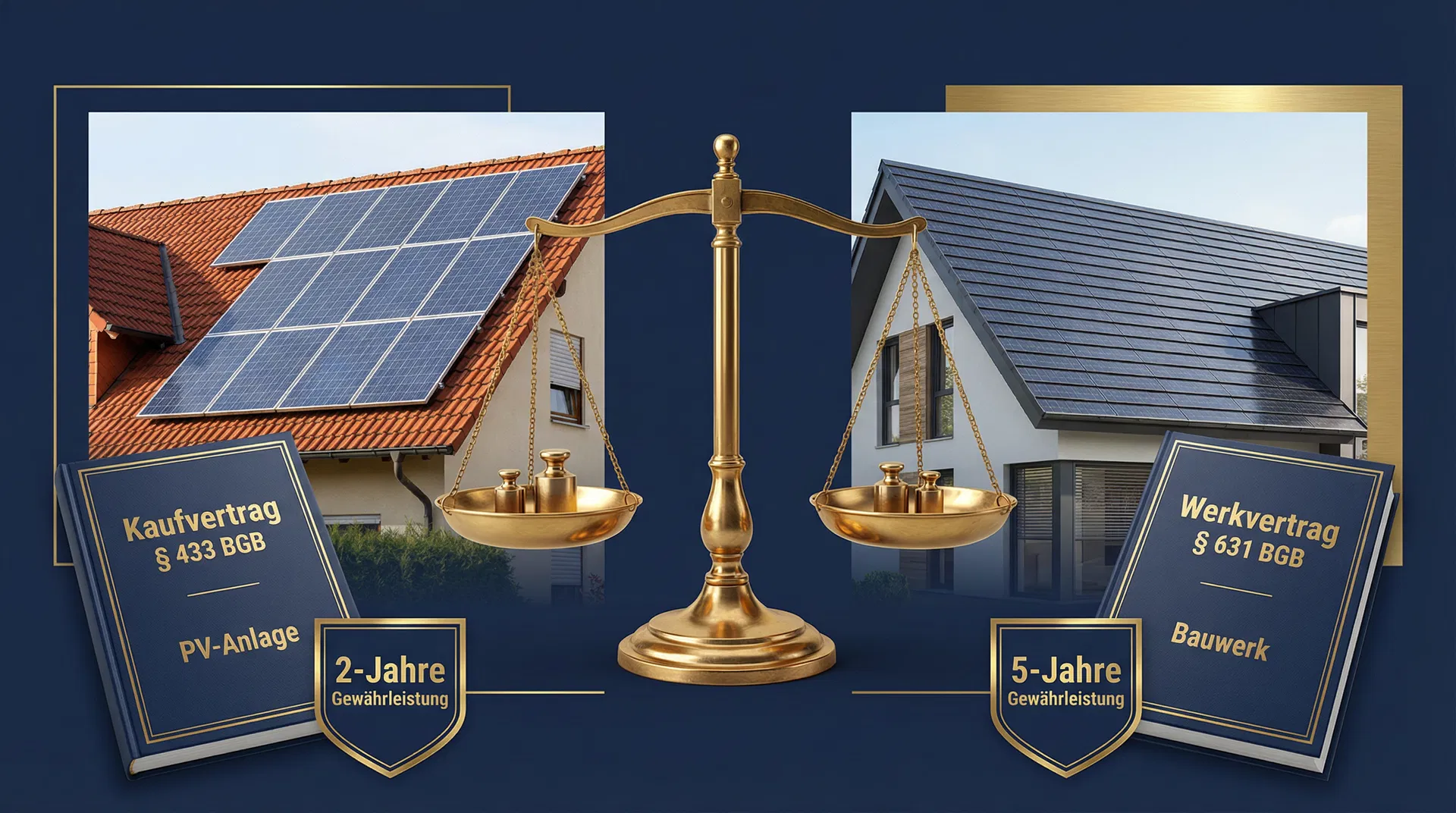 Photovoltaikanlage auf Hausdach mit Paragraphenzeichen § 634a BGB – Bauwerk-Begriff und Verjährungsfrist