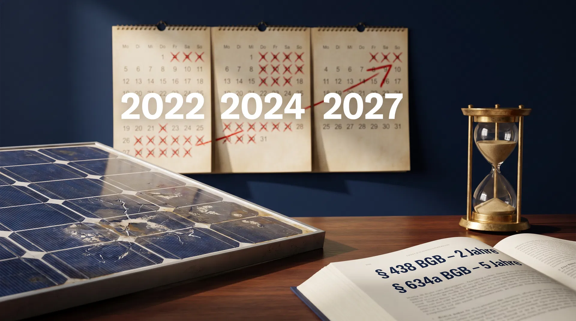Defektes Solarmodul mit Kalender 2022–2027 und § 438 BGB / § 634a BGB – Verjährungsfristen bei PV-Anlagen