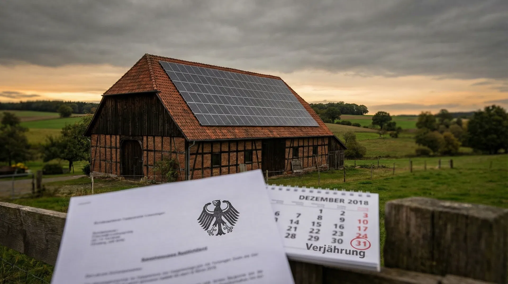 Historische Fachwerk-Scheune mit Photovoltaikanlage auf dem Dach, Gerichtsdokument mit Bundesadler und Kalender mit Verjährungsdatum – BGH-Urteil zur Verjährungsfrist bei PV-Modulen auf Scheunendach
