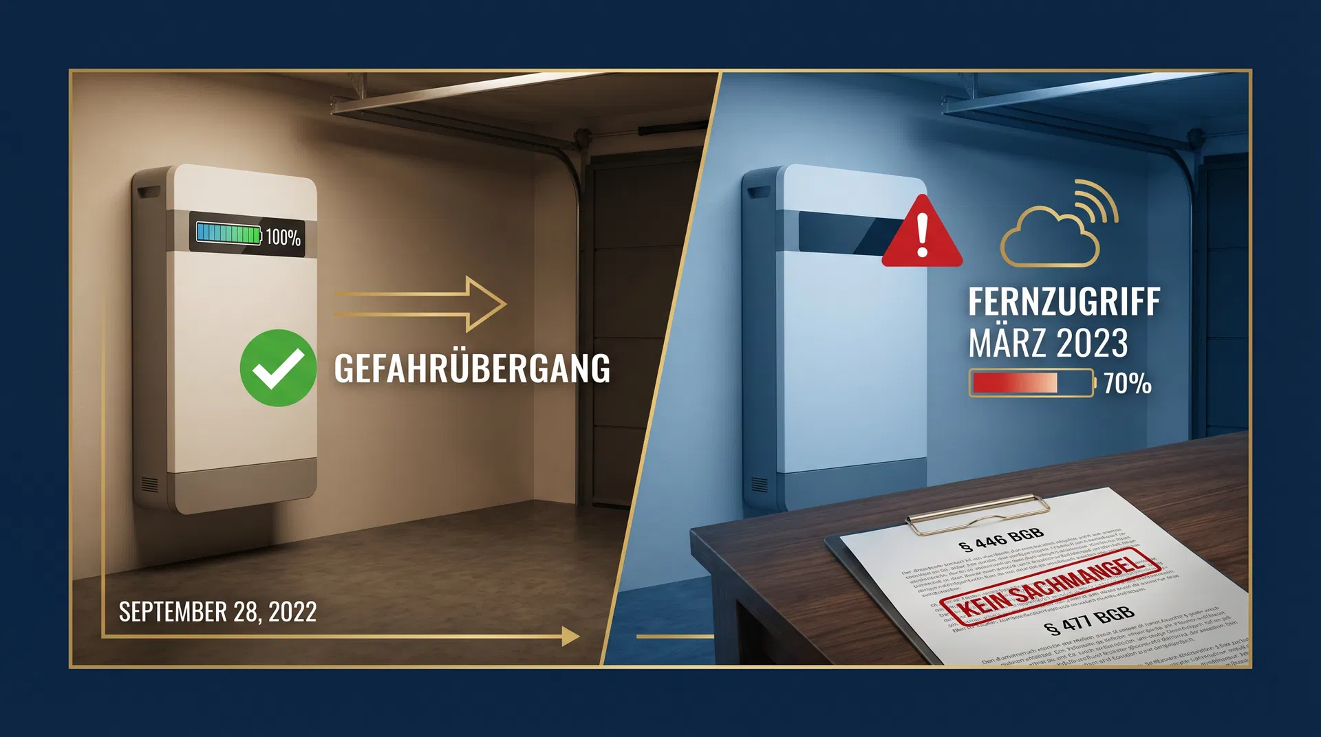 Split-Scene: Batteriespeicher bei Gefahrübergang (100 %, grüner Haken) und nach Fernzugriff (70 %, Warnung) – Symbolbild für LG Frankfurt 2-07 O 187/24