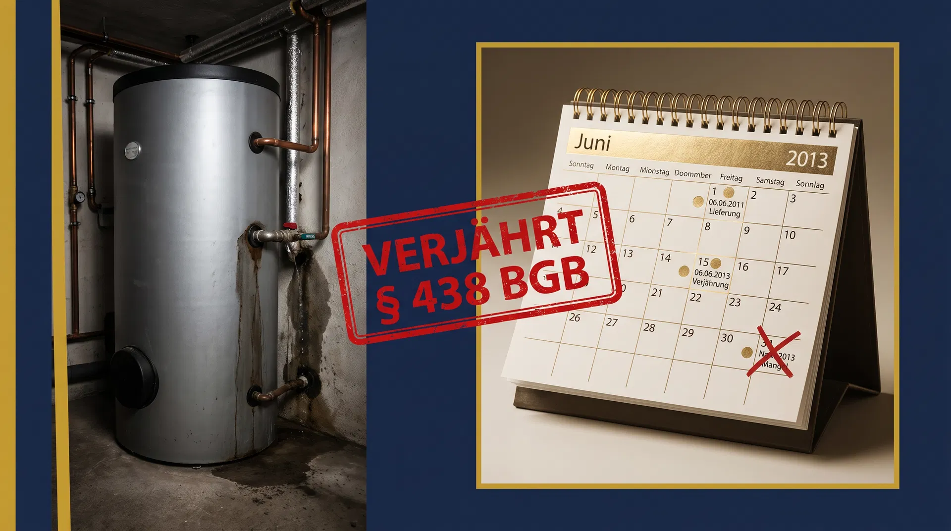 Solarthermie-Kombispeicher mit Wasserschaden und Kalender mit VERJÄHRT-Stempel § 438 BGB