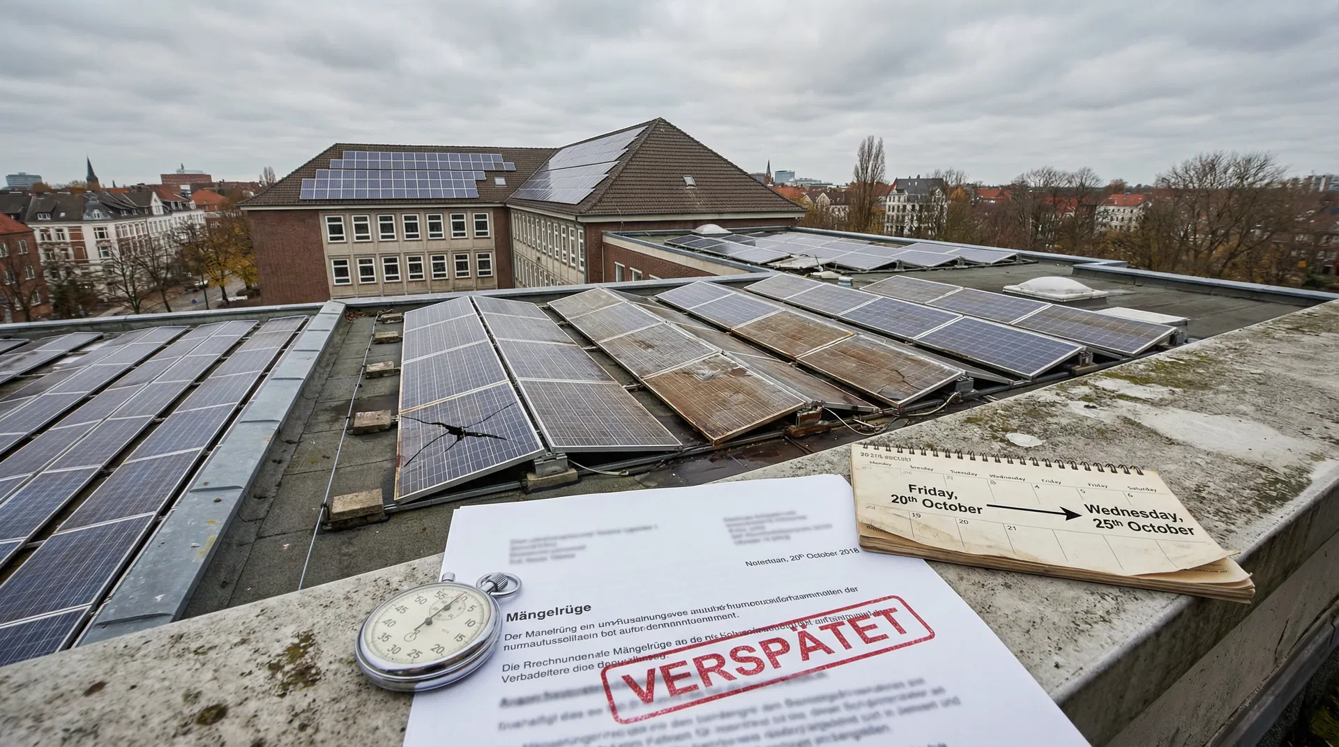 Schuldach mit defekten Photovoltaikmodulen, Mängelrüge-Dokument mit VERSPÄTET-Stempel und Kalender – OLG Brandenburg Urteil zur Rügefrist nach § 377 HGB bei mangelhafter PV-Anlage