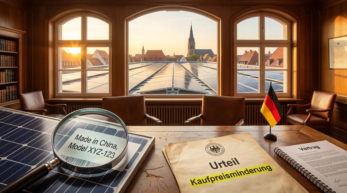 Solarmodul mit 'Made in China'-Etikett unter Lupe, deutsches Urteilsdokument mit Kaufpreisminderung – OLG Brandenburg 7 U 38/17