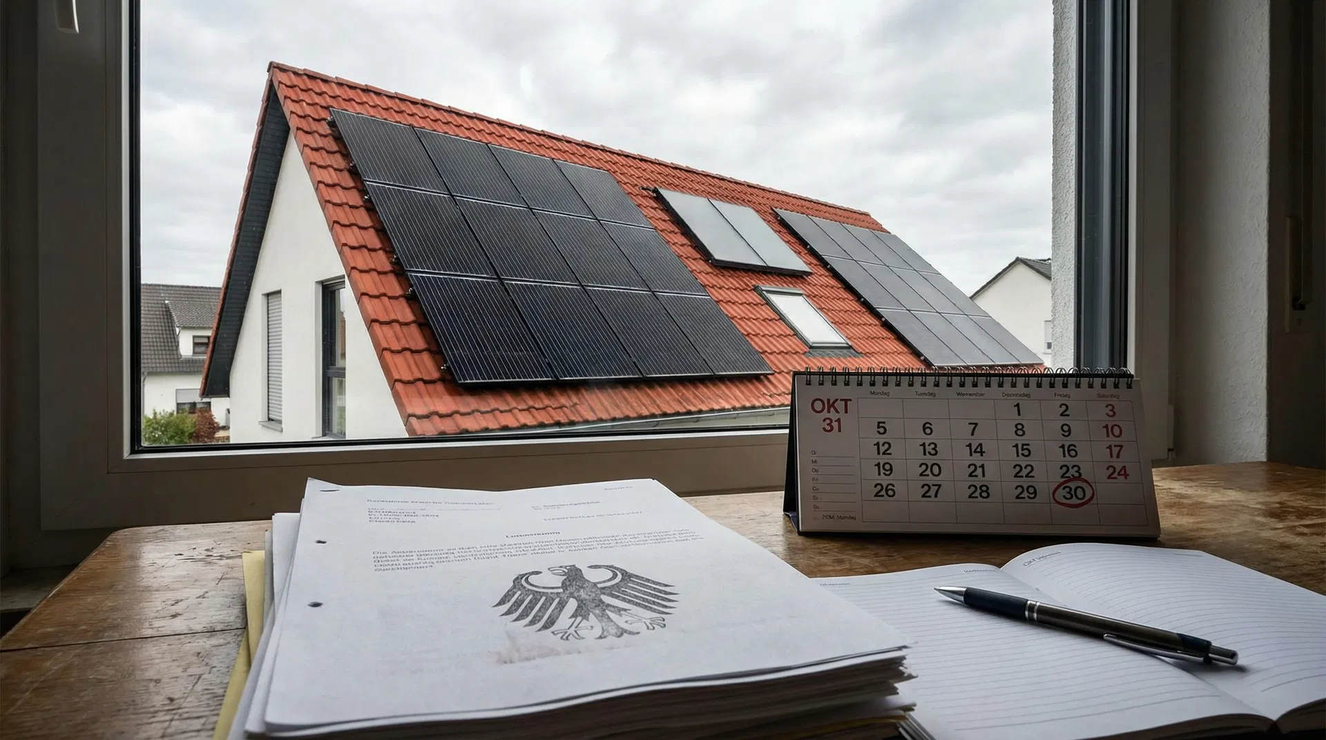 Photovoltaikanlage auf deutschem Einfamilienhaus mit Gerichtsdokument und Kalender – OLG Brandenburg Urteil zur Gewährleistungsverjährung beim Kauf einer PV-Anlage mit Batteriespeicher