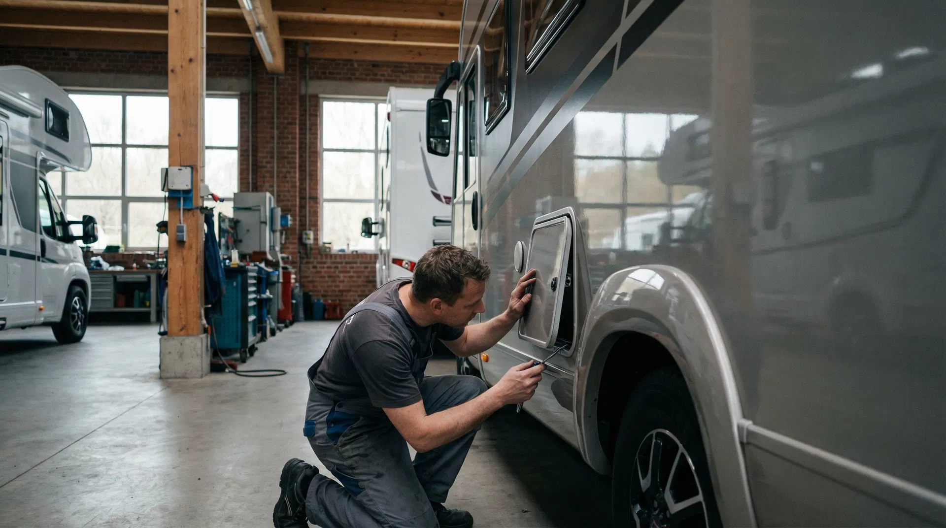Mechaniker untersucht kleinen Mangel an einem Wohnmobil in einer Werkstatt