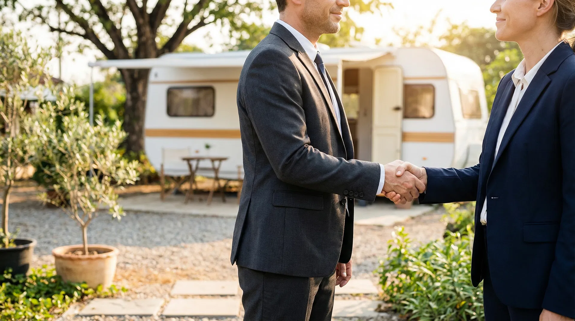 Außergerichtliche Einigung beim Wohnwagenkauf – Handschlag vor Wohnwagen