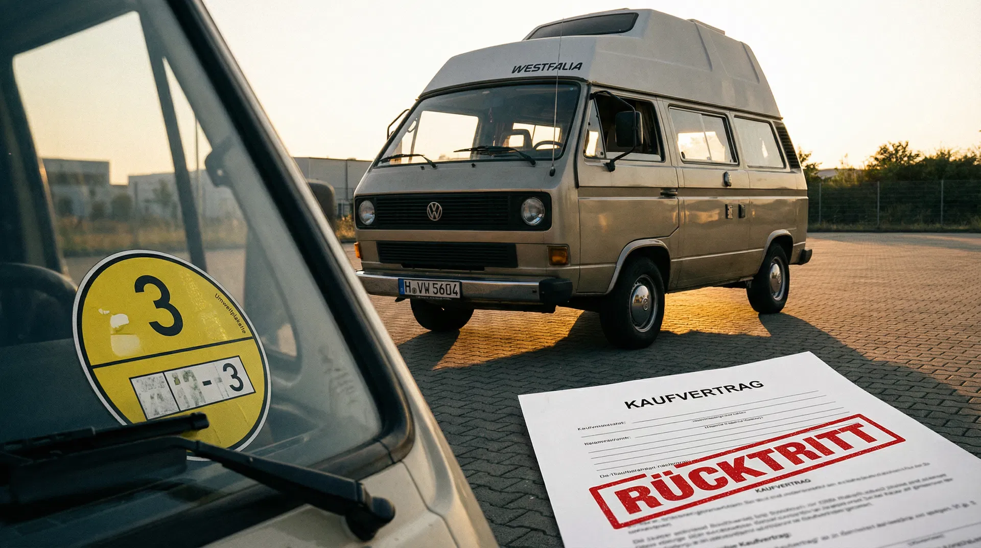 Gebrauchtes Wohnmobil mit Umweltplakette und Rücktritt-Stempel auf Kaufvertrag