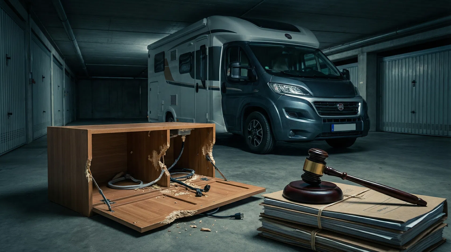 Wohnmobil in Tiefgarage mit angenagtem Küchenschrank und Richterhammer – Rattenbefall als Sachmangel