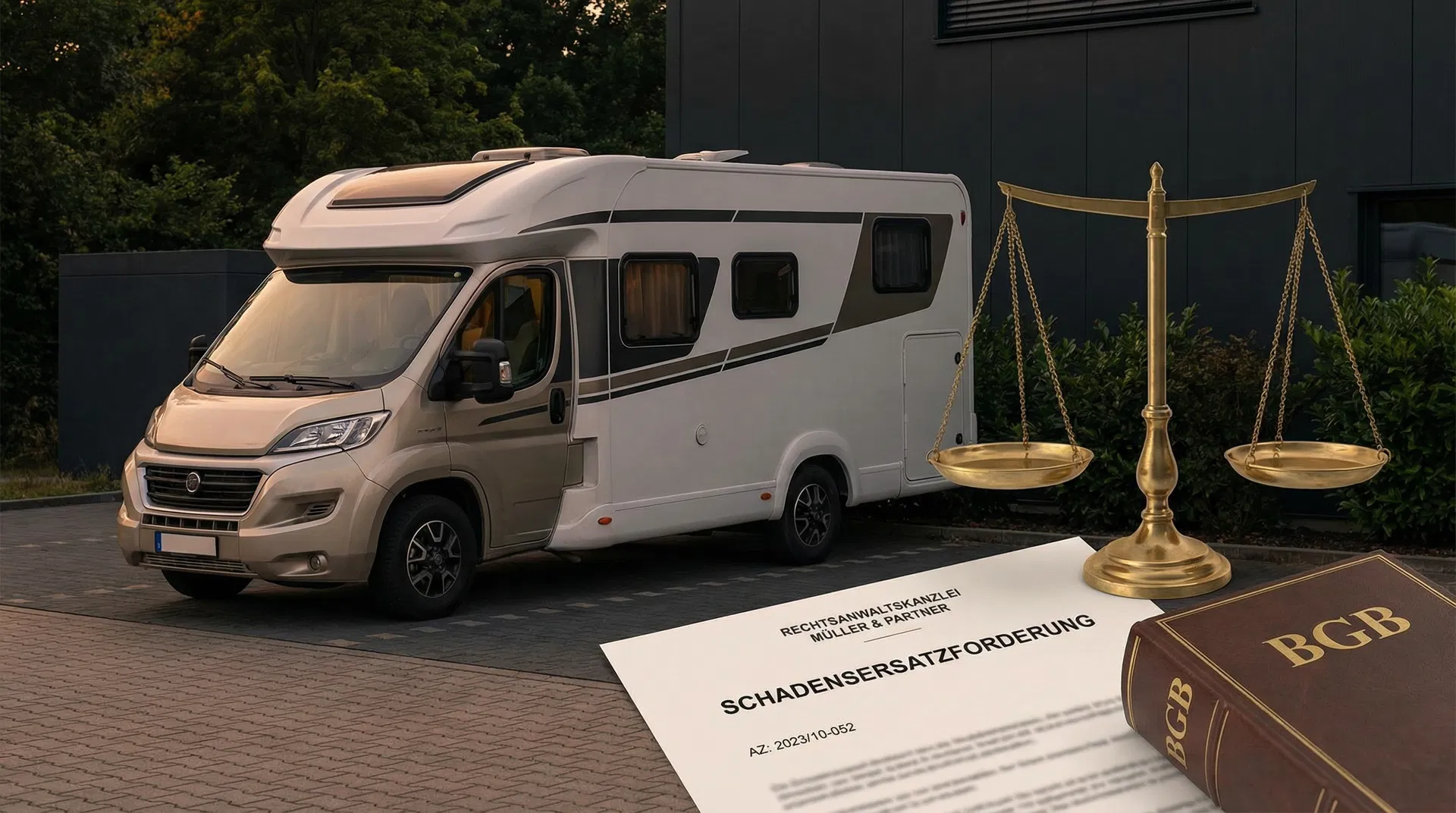 Wohnmobil auf Parkplatz mit Waage der Gerechtigkeit – Symbolbild Nutzungsausfall
