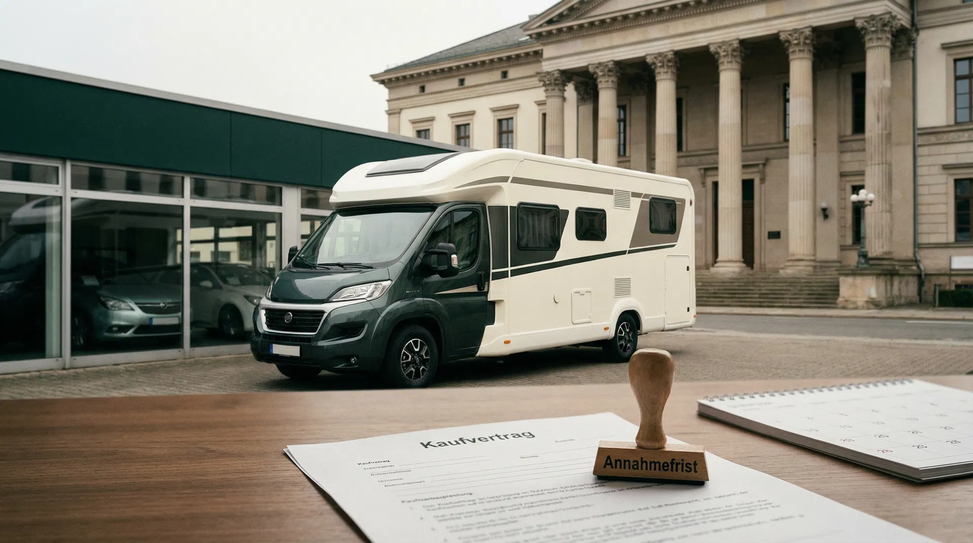 Wohnmobil vor Autohaus mit Kaufvertrag und Annahmefrist-Stempel
