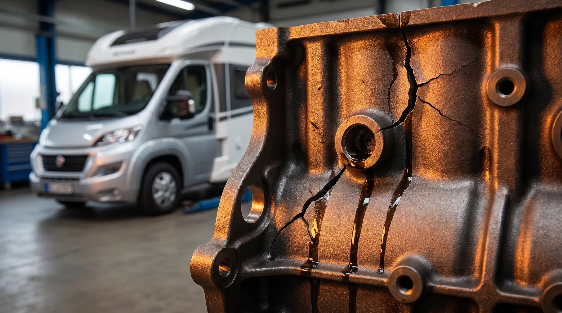 Defekter Motorblock mit Gussfehler (Lunker) und Ölspuren vor einem Wohnmobil in der Werkstatt