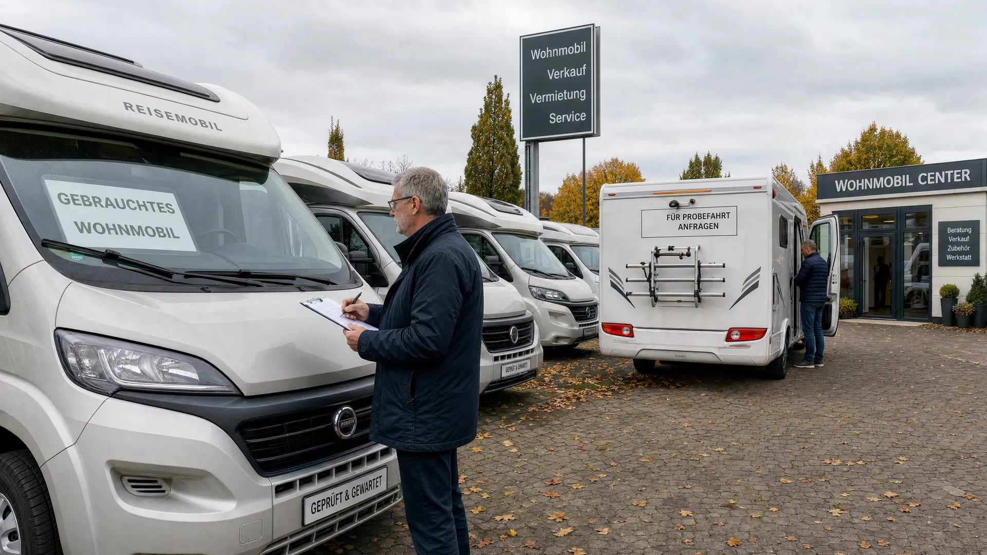 Sachverständiger mit Klemmbrett begutachtet gebrauchte Wohnmobile auf Händlerparkplatz, Probefahrt-Schild im Hintergrund