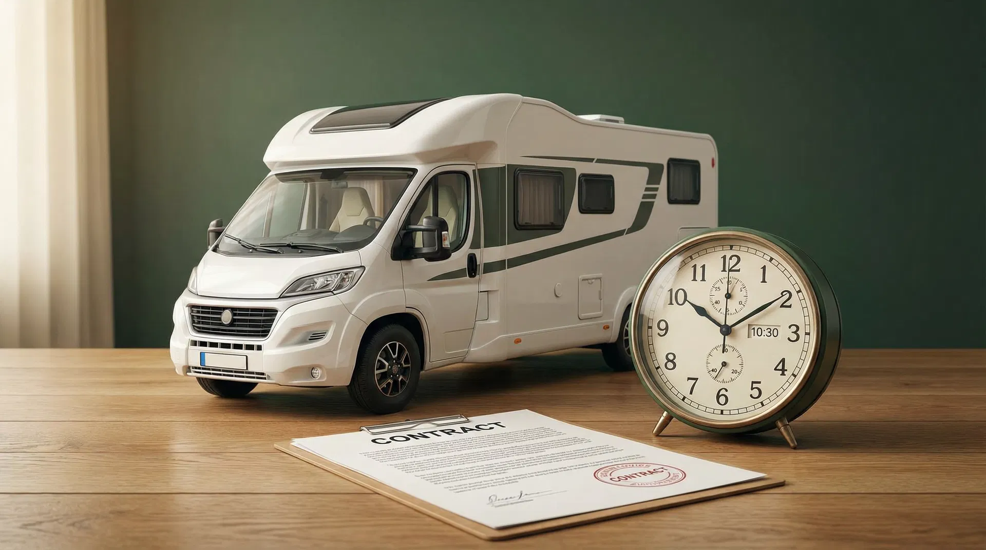 Wohnmobil vor Händlergebäude mit Kaufvertrag und Uhr – Annahmefrist