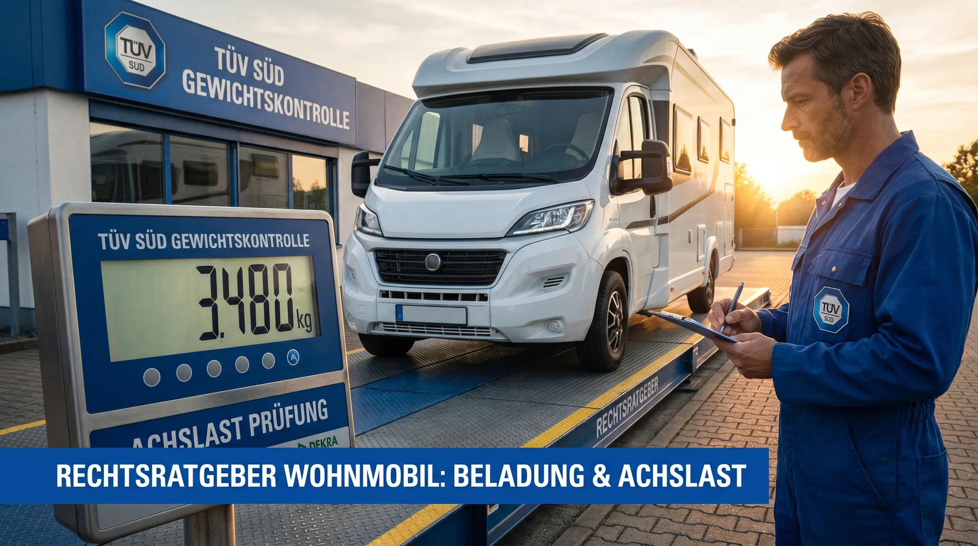 Wohnmobil auf Fahrzeugwaage bei TÜV-Gewichtskontrolle