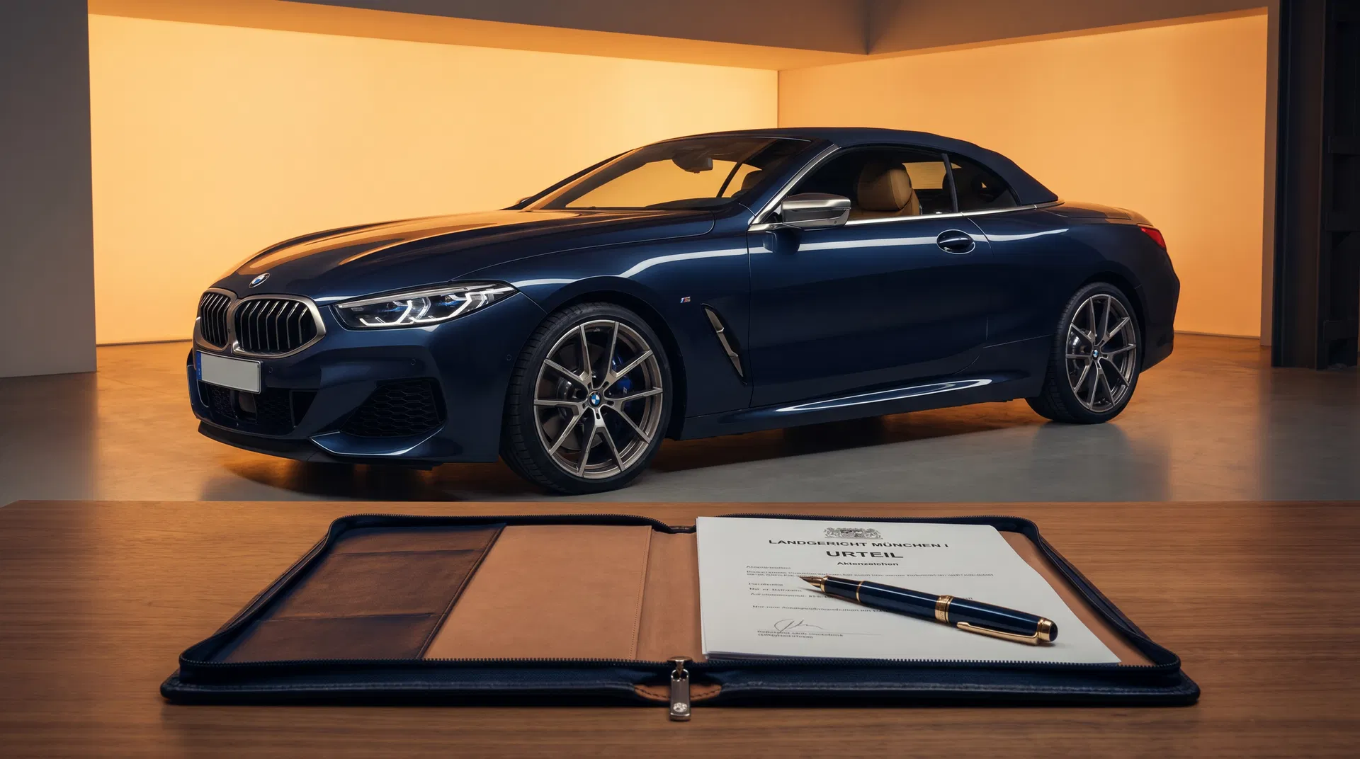 BMW Cabrio in Showroom mit Urteilsdokument – Symbolbild für Schadensersatzklage wegen fehlendem Nacherfüllungsverlangen