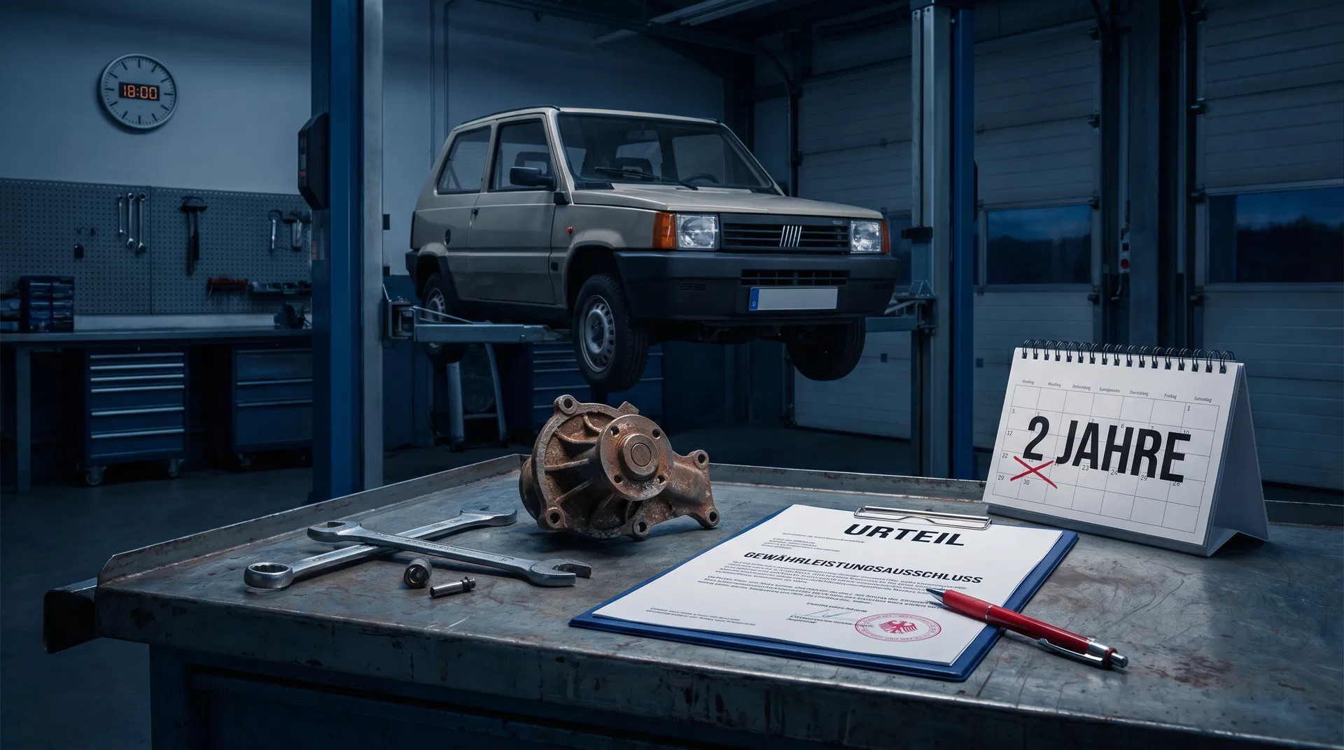 Fiat Panda auf Hebebühne, defekte Wasserpumpe auf Werkstattisch, Urteilsdokument und Kalender mit 2-Jahres-Frist
