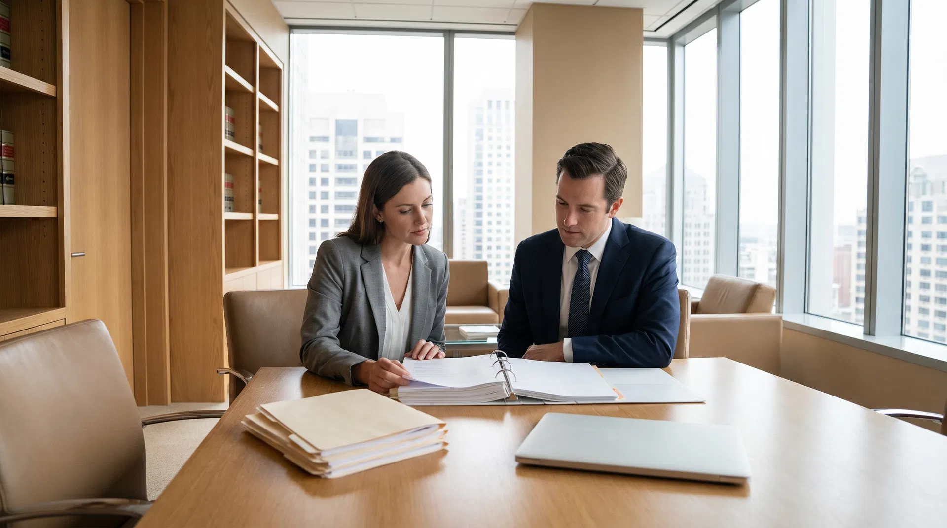 Rechtsanwältin und Mandant prüfen gemeinsam Verwaltungsunterlagen einer WEG – Einsichtsrecht nach § 18 WEG