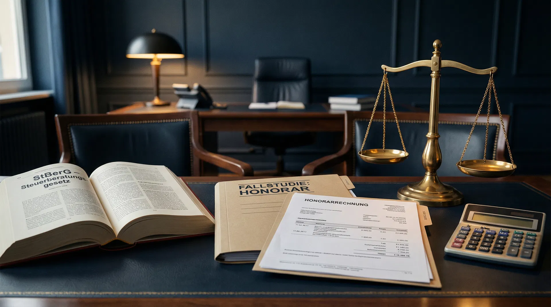Symbolbild: Honorarrechnung und Justitia-Waage auf Anwaltschreibtisch