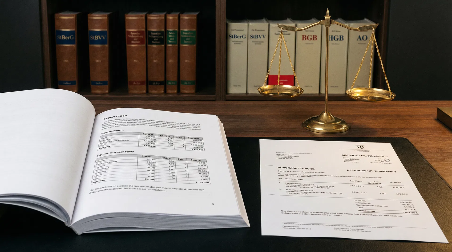 Sachverständigengutachten und Honorarrechnung auf einem Anwaltsschreibtisch mit StBerG- und StBVV-Gesetzbüchern