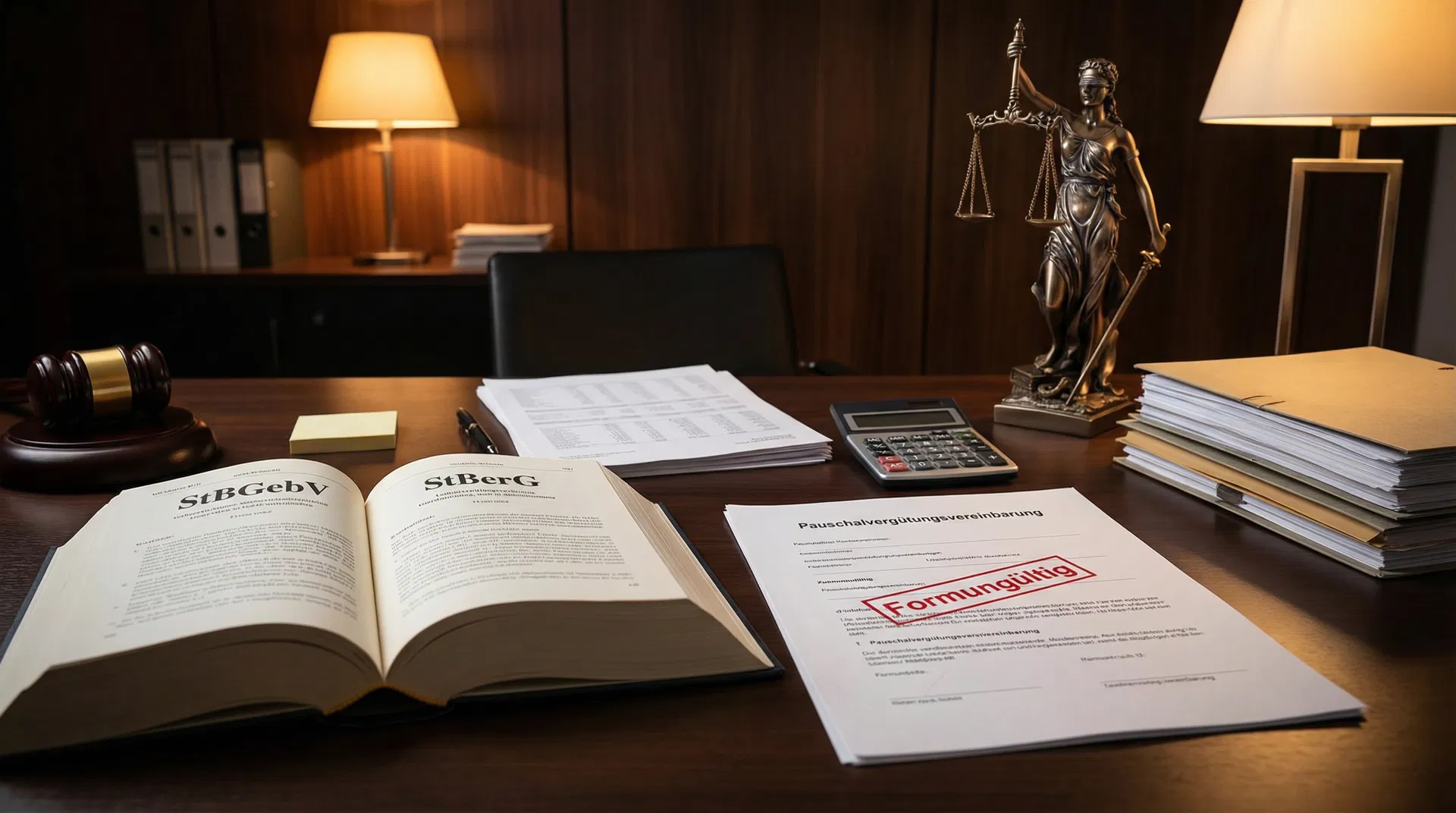 StBGebV-Gesetzbuch und Pauschalvergütungsvereinbarung mit Formungültig-Stempel auf einem Anwaltsschreibtisch mit Justitia-Figur