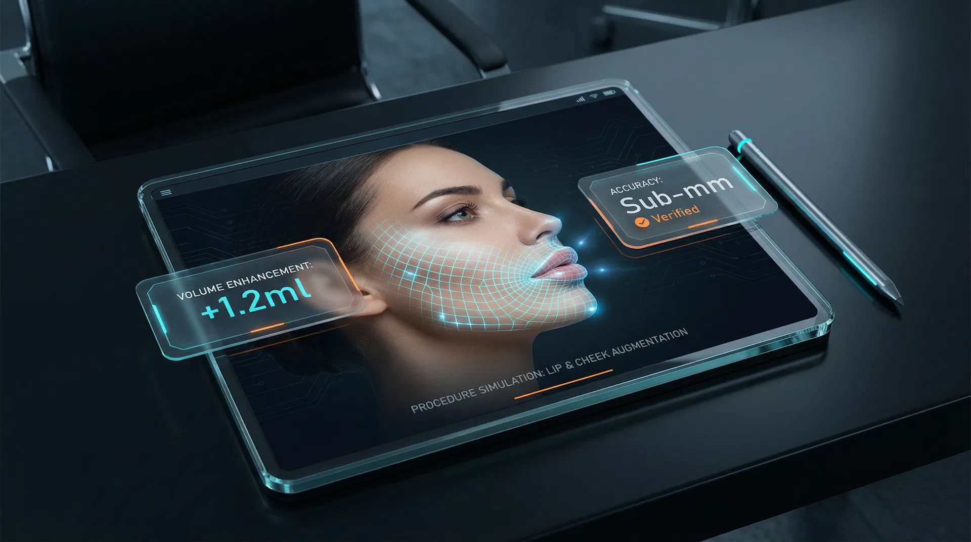 SOLOXR AR visualizer showing a patient's face with cyan mesh overlay and +1.2ml Volume Enhancement indicator