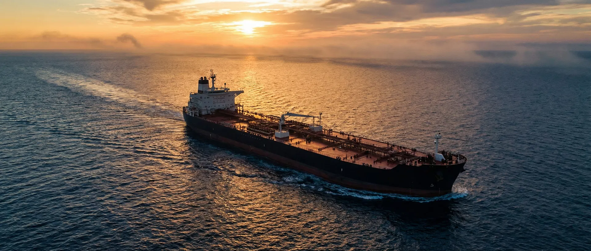 Oil tanker at sunset