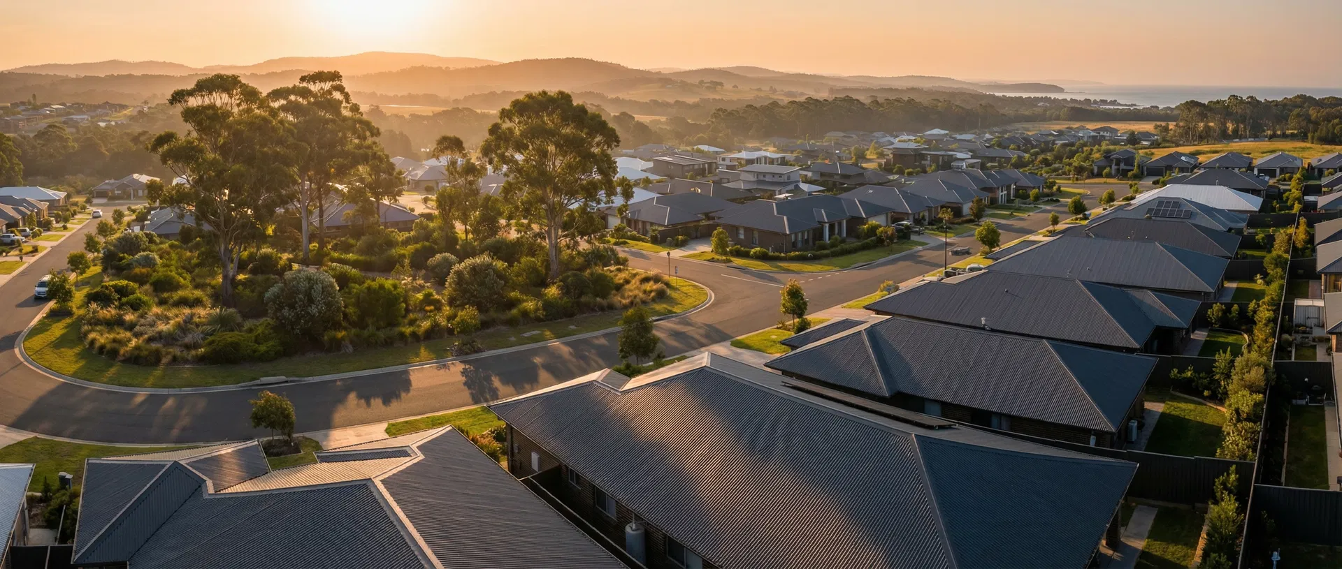 Australian suburban neighbourhood at golden hour