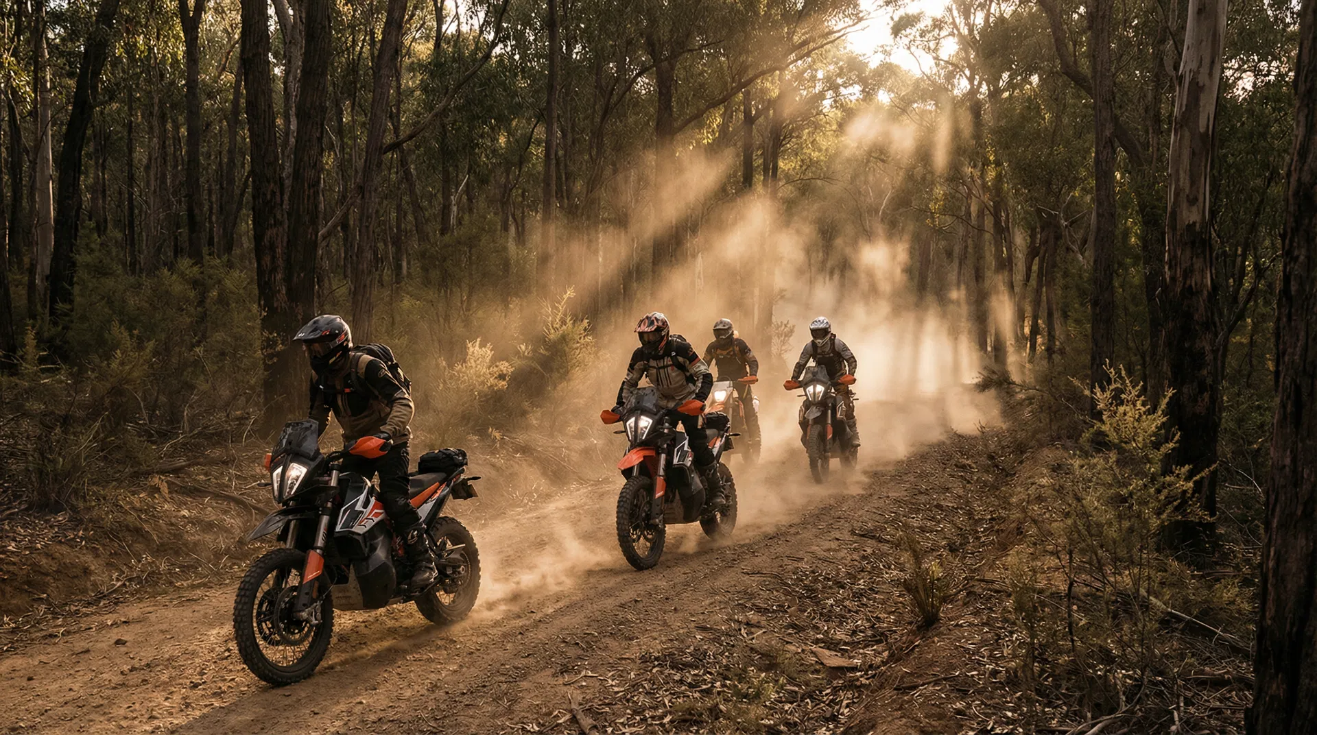 Group riding through forest