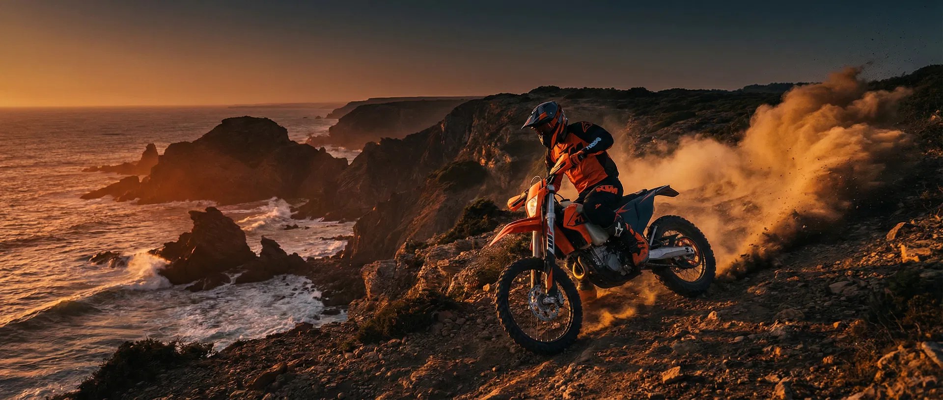Dirt bike on coastal cliff at sunset