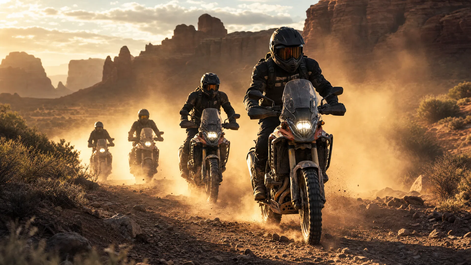 Motorcyclists riding through desert canyon