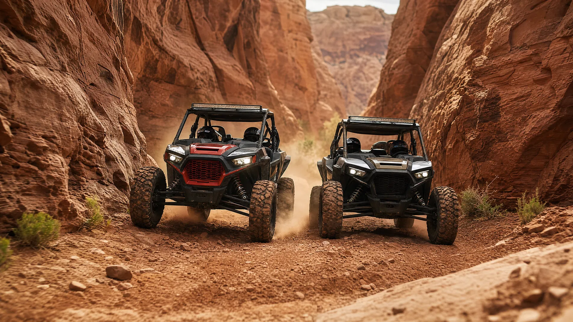 UTVs riding through canyon