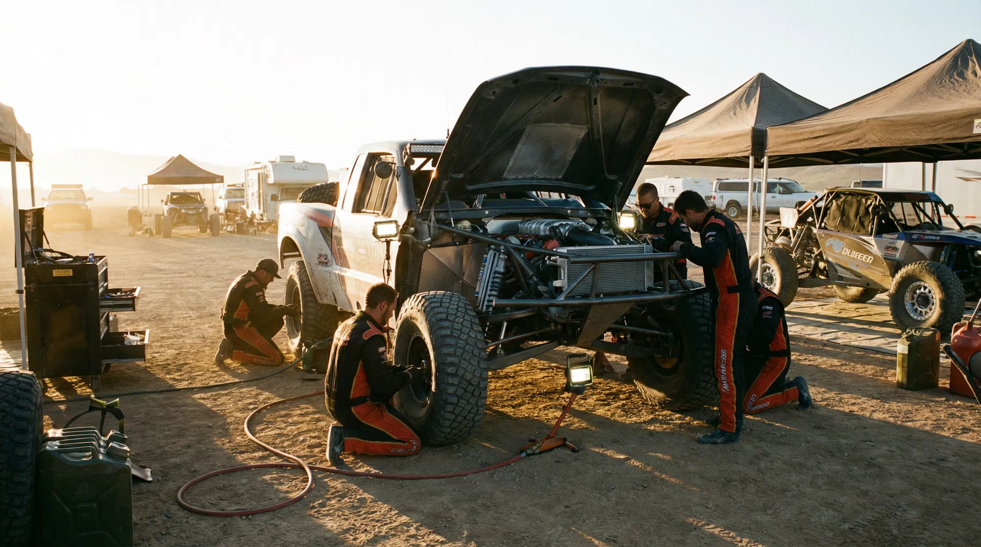 Pit crew working on trophy truck