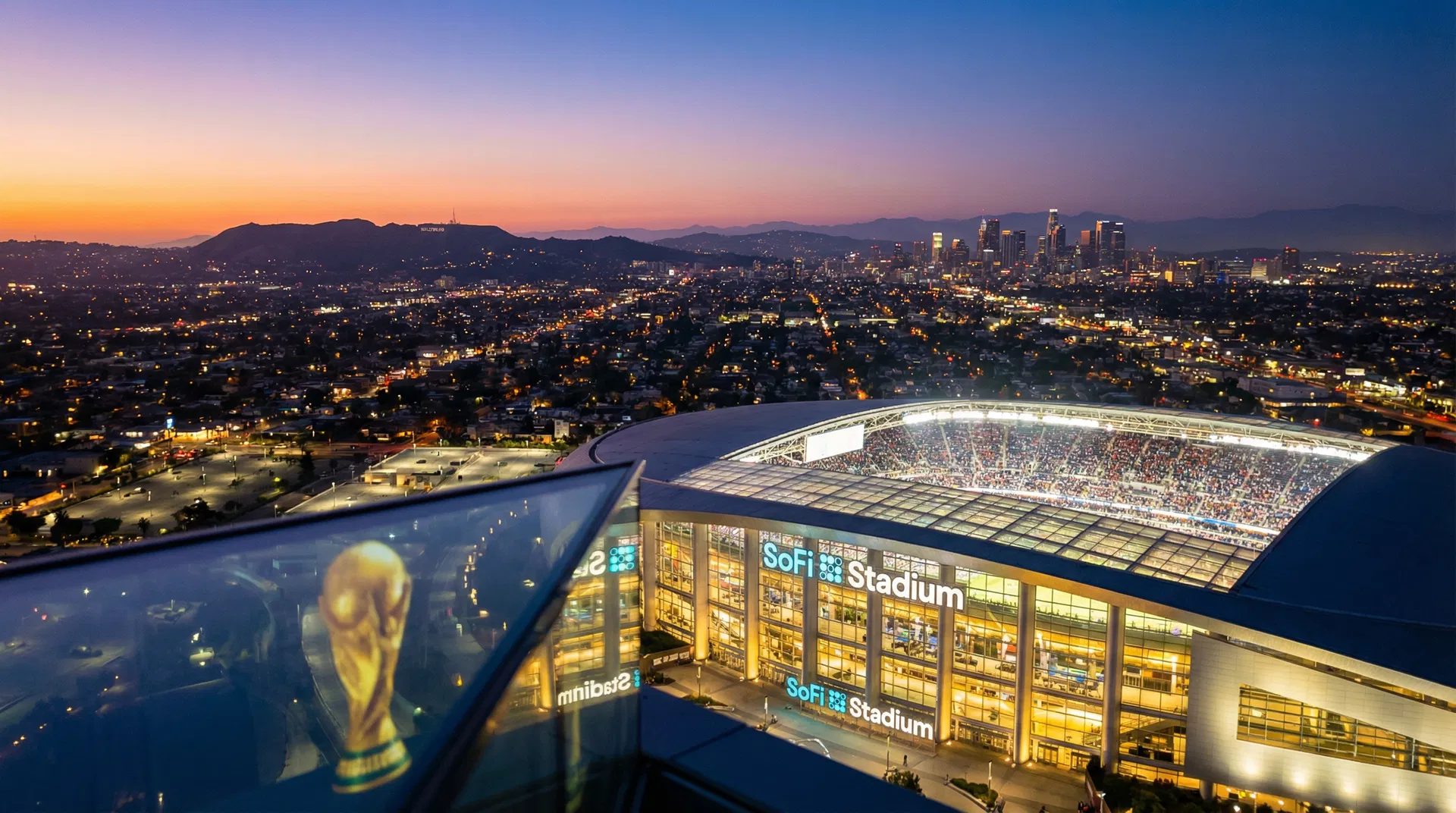 SoFi Stadium at dusk with LA skyline
