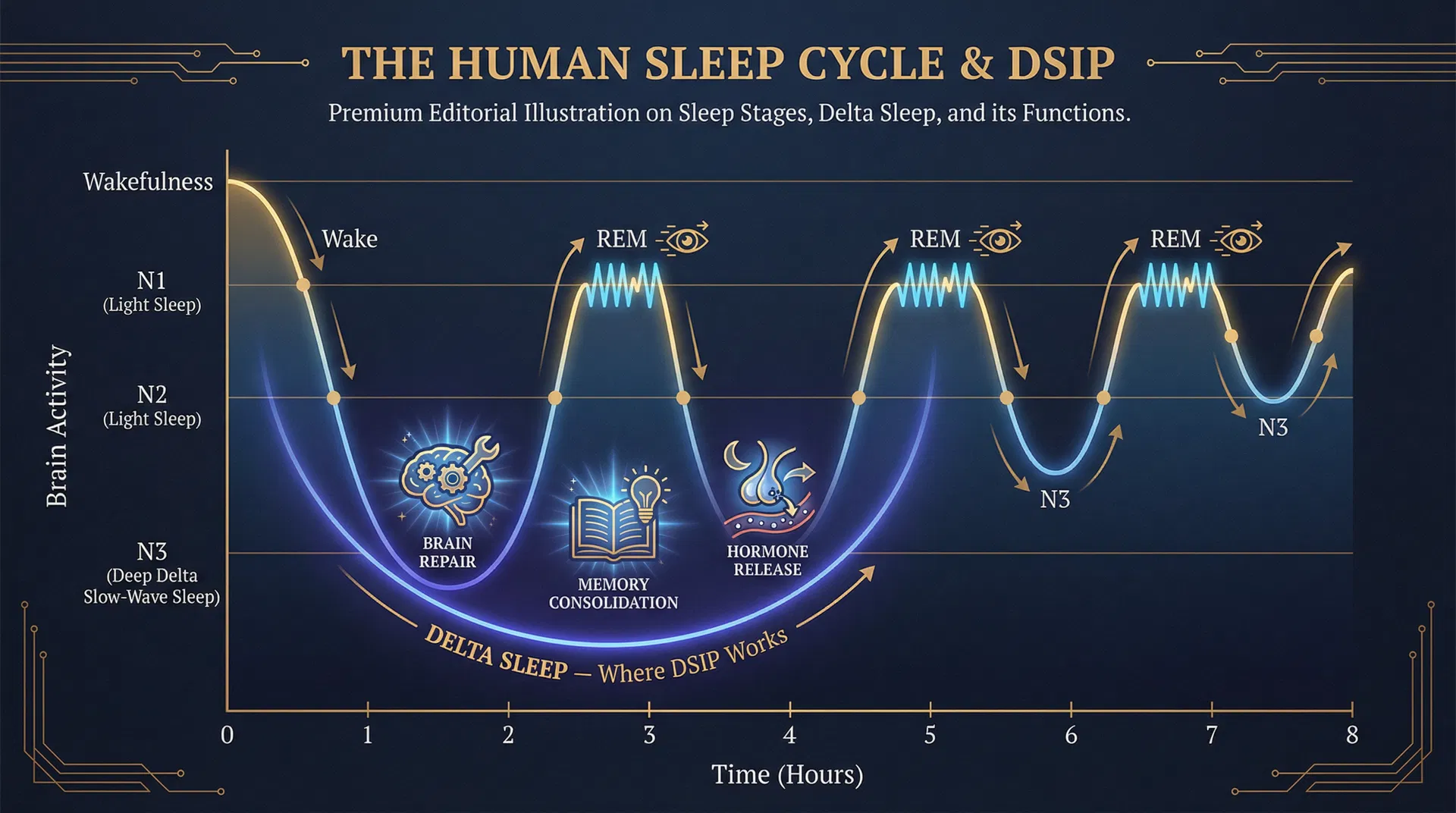 The human sleep cycle showing delta sleep stages where DSIP works