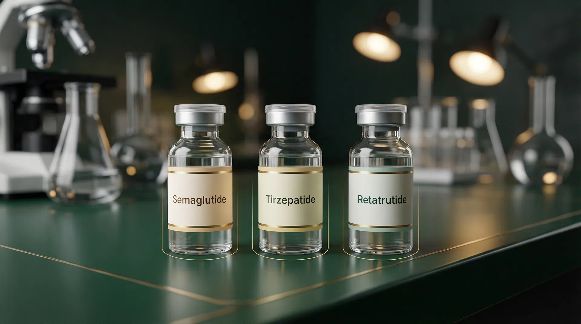Semaglutide, Tirzepatide, and Retatrutide vials in a research lab