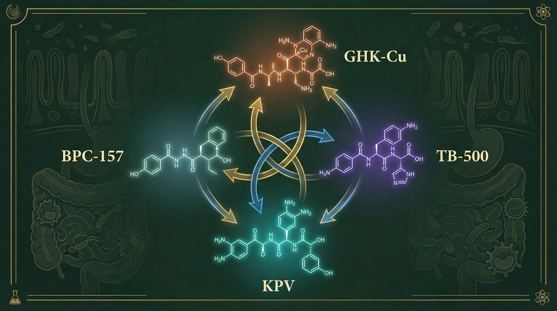 KLOW blend ingredients: GHK-Cu, KPV, BPC-157, and TB-500 molecular synergy