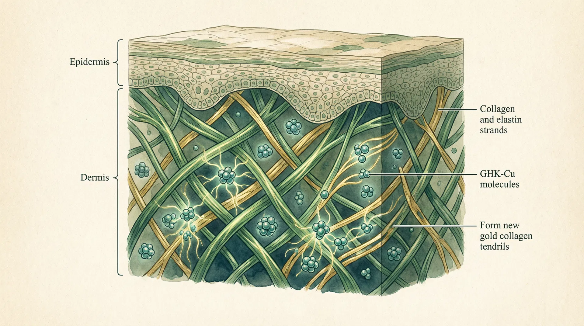 Scientific illustration of collagen fiber network in skin with GHK-Cu molecules activating collagen synthesis