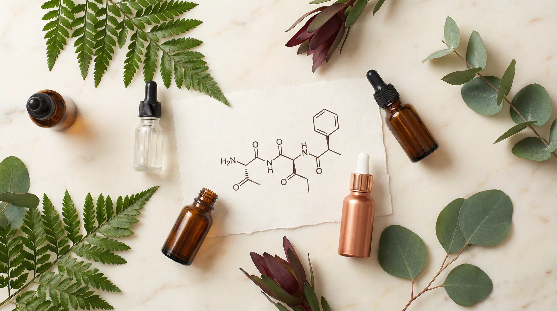 Minimalist skincare routine with peptide serum bottles and botanical elements on marble surface