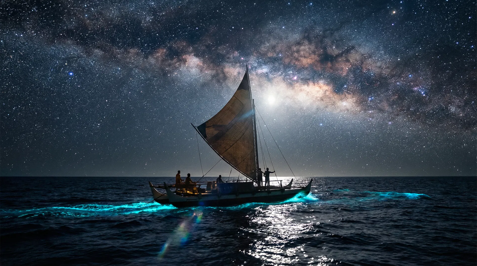 Voyaging canoe under the Milky Way