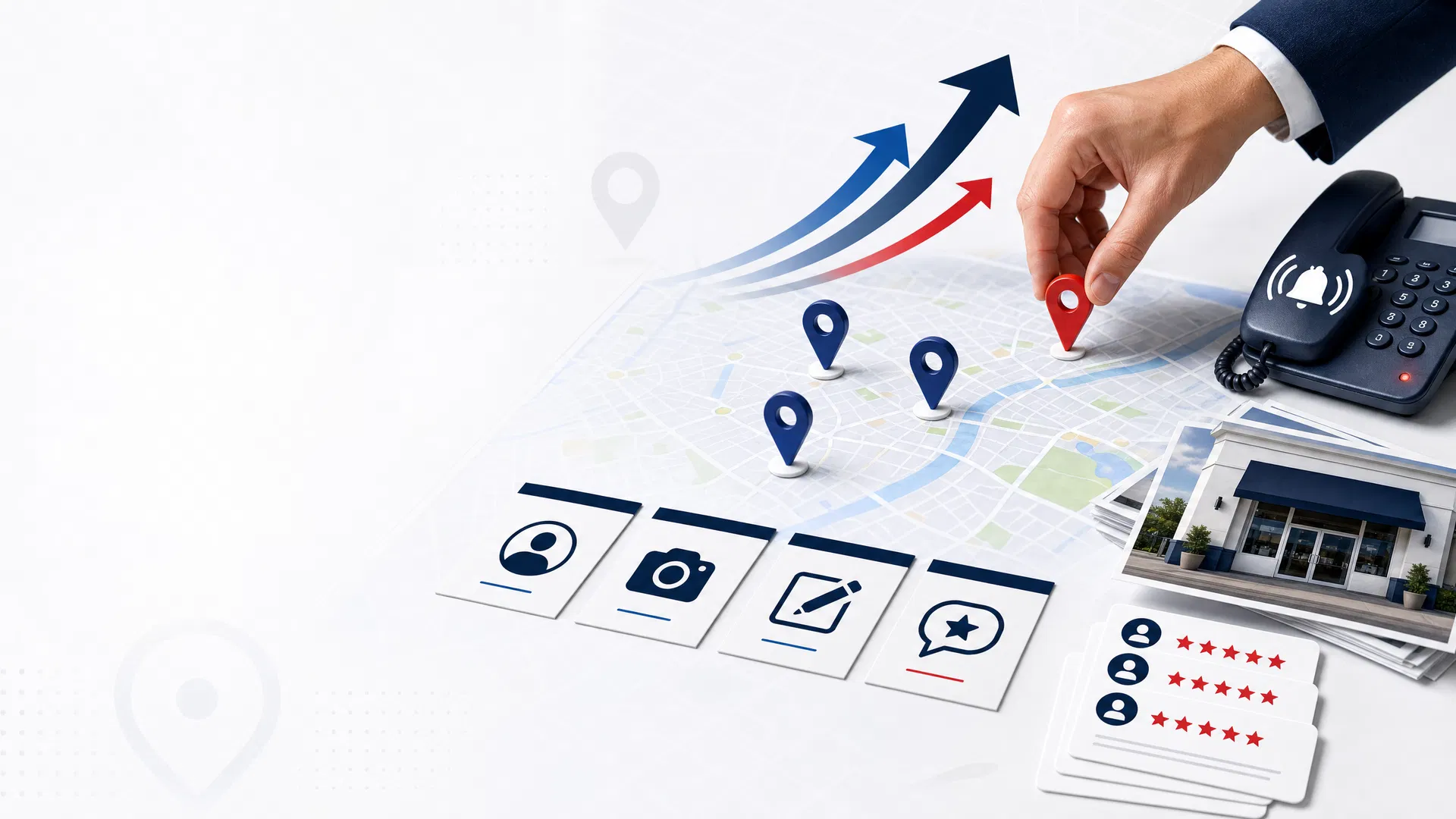 GBPMax done-for-you Google Business Profile management service showing map pins, calls, photos, reviews, and local visibility growth