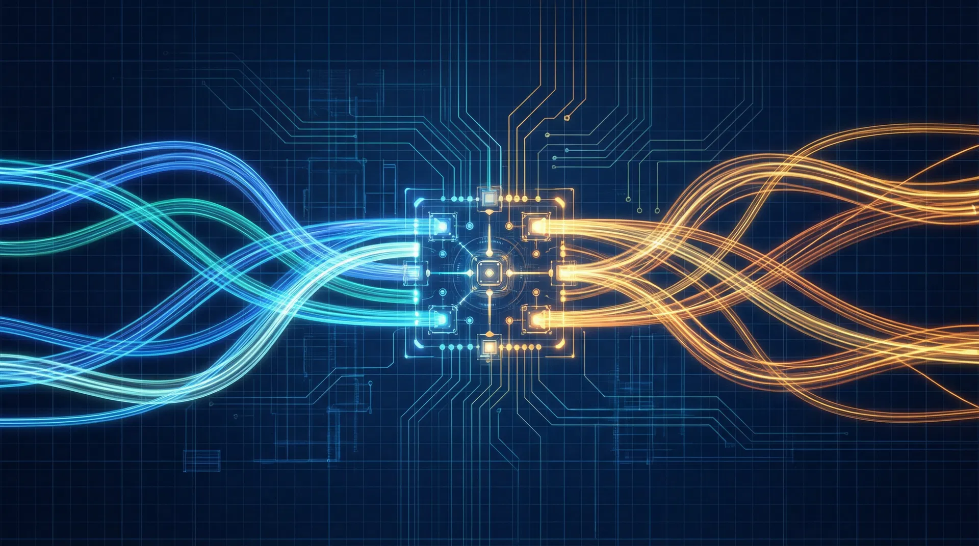 Data flow visualization showing multi-modal inputs converging through AI processing to optimized outputs